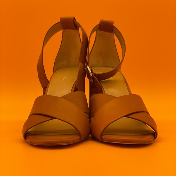 Ann Taylor ankle strap cross front heels sandals Sz 7 caramel beige neutral - Picture 5 of 6